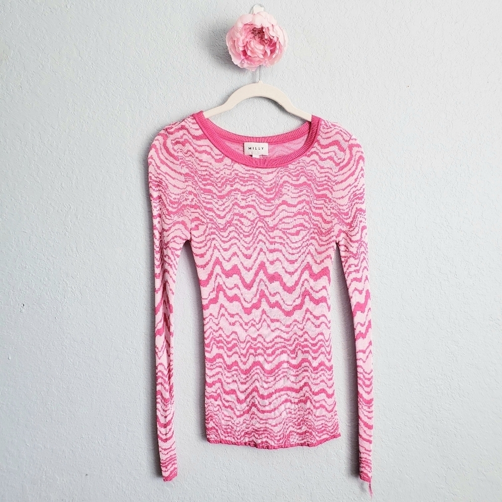 Milly Pink Ecru Wavy Jacquard Crewneck Sweater